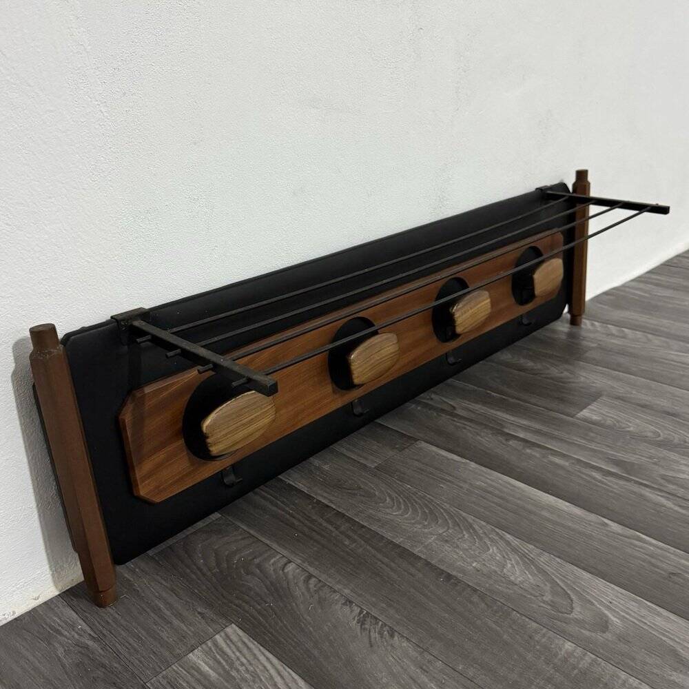 Mid-Century Scandinavian Teak and Leather Wall Coat Rack, 1960s