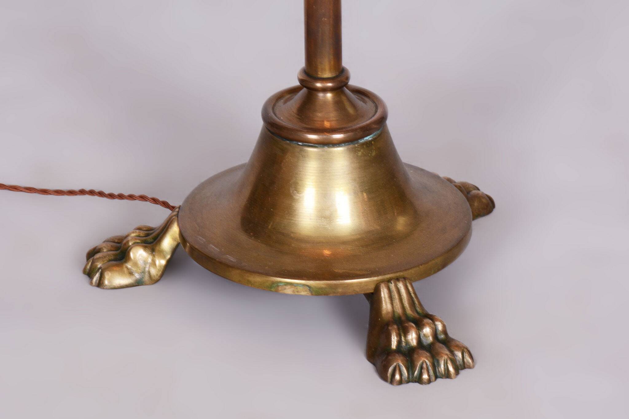 Restored Brass Art Deco Floor Lamp, France, Original Textile Shade, 1920s