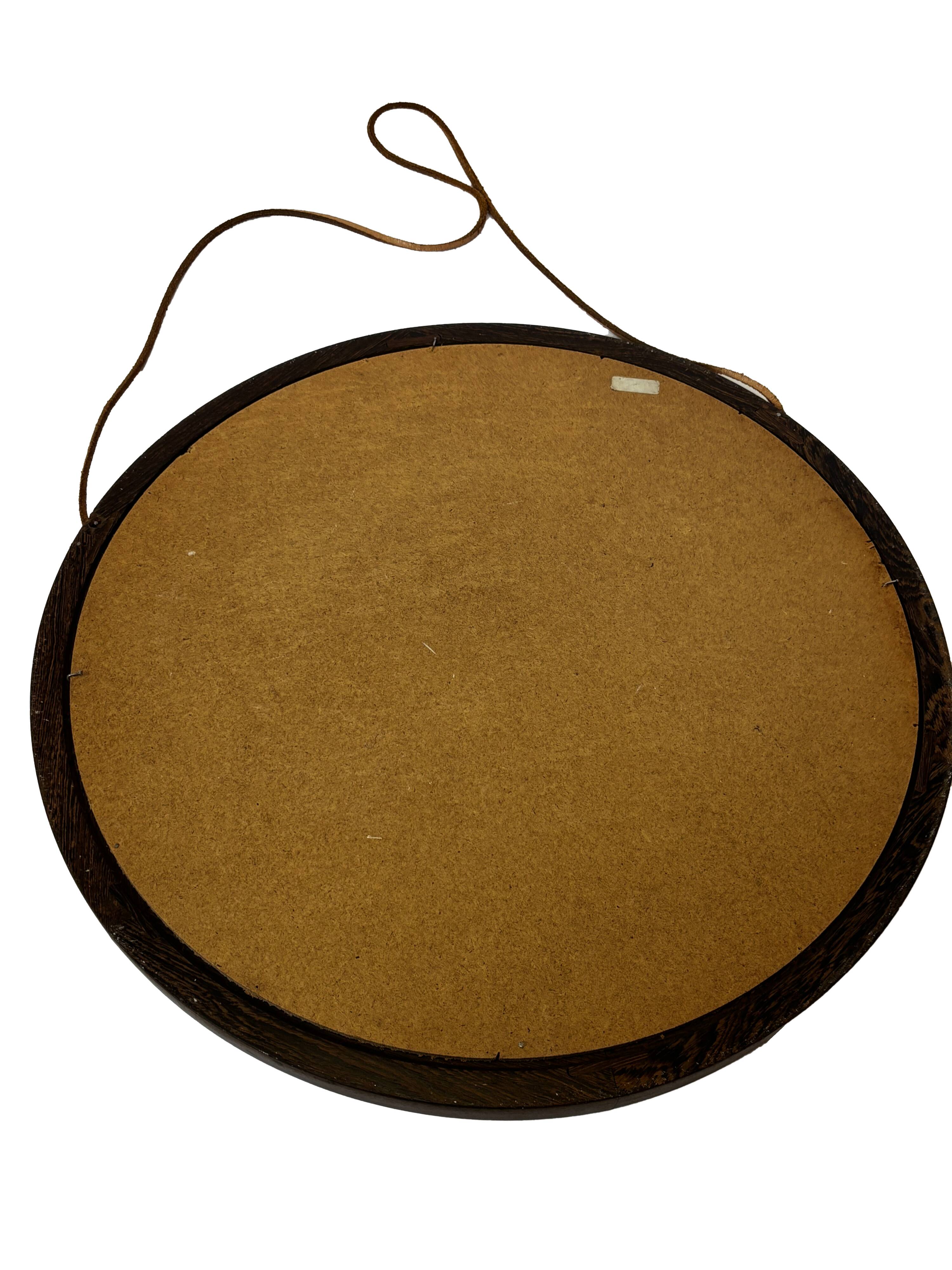 Miroir rond vintage scandinave en bois de wengé avec bracelet en cuir, design années 60