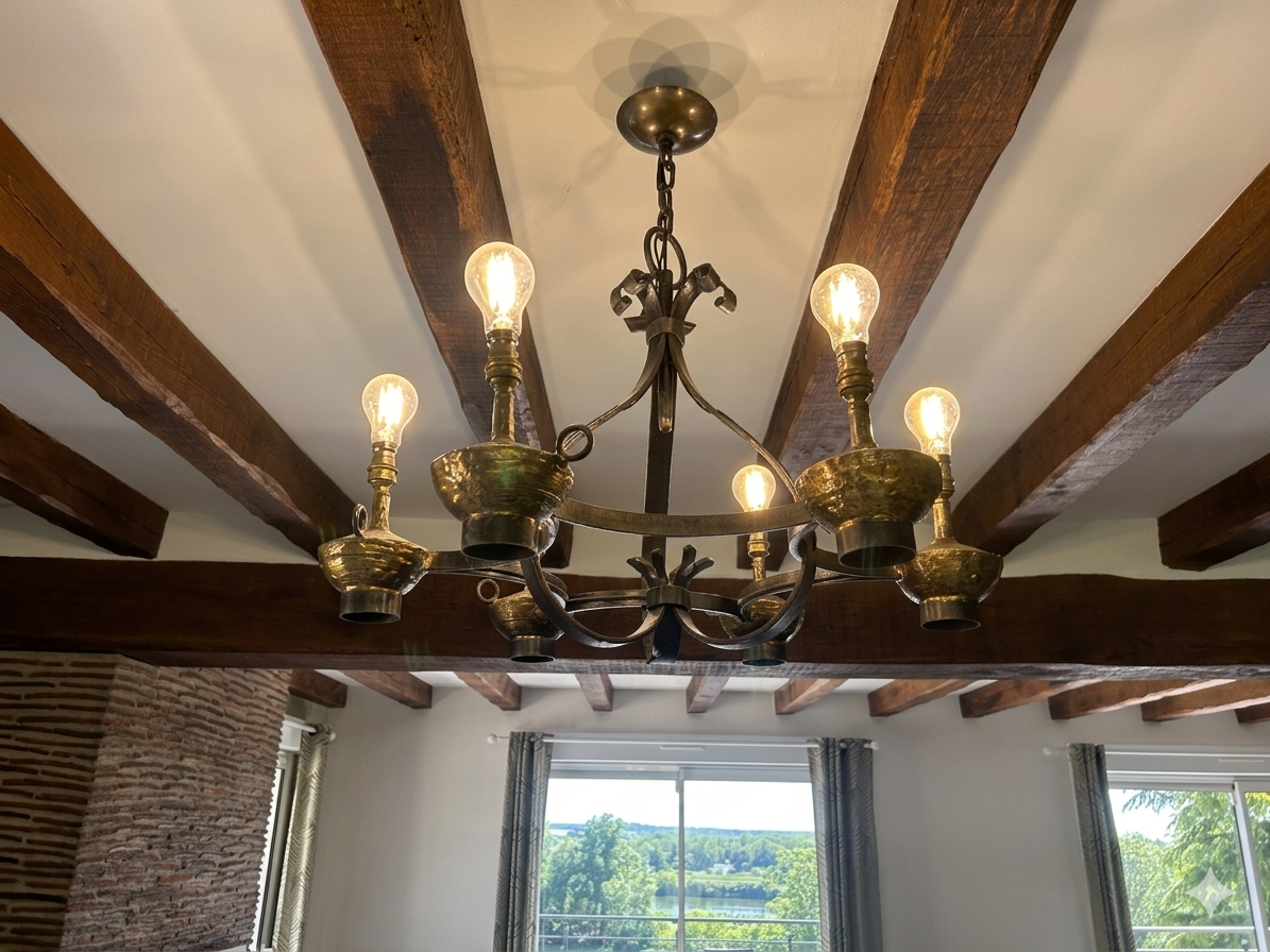 Monumental chandelier with 8 lights and its matching wall light signed MAX BRE – From