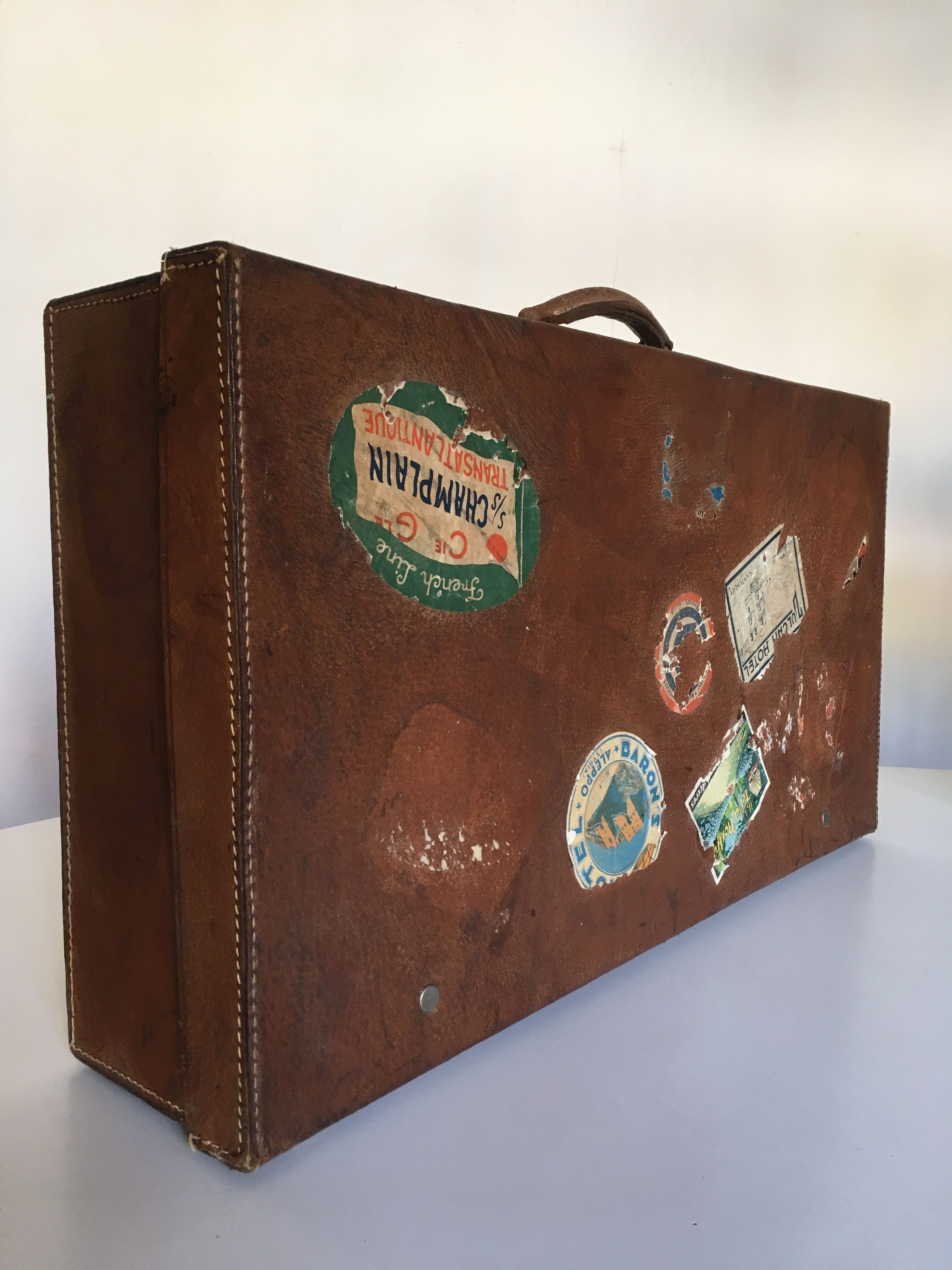 Suitcase of leather with labels of palaces