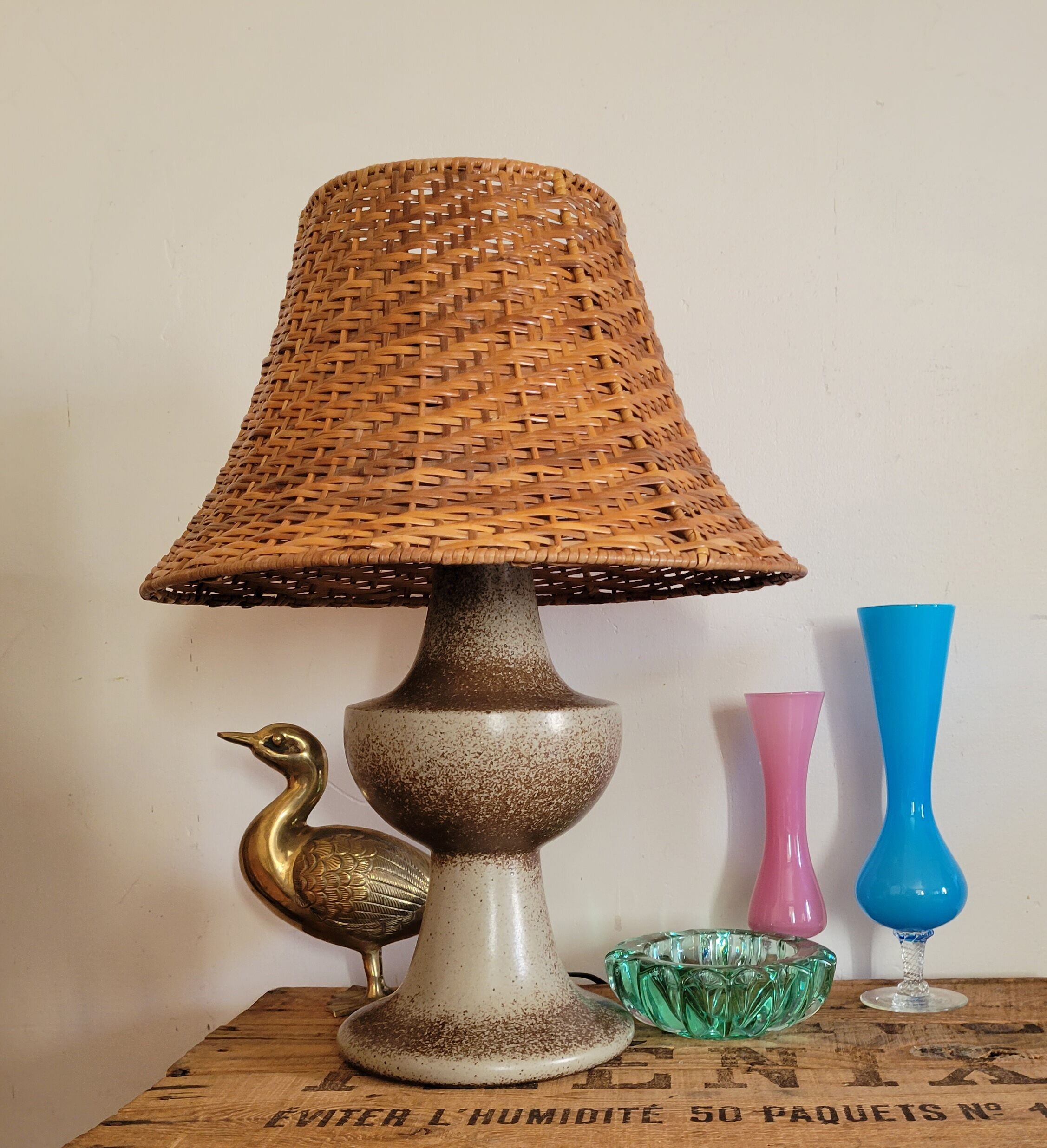 Stoneware and rattan lamp