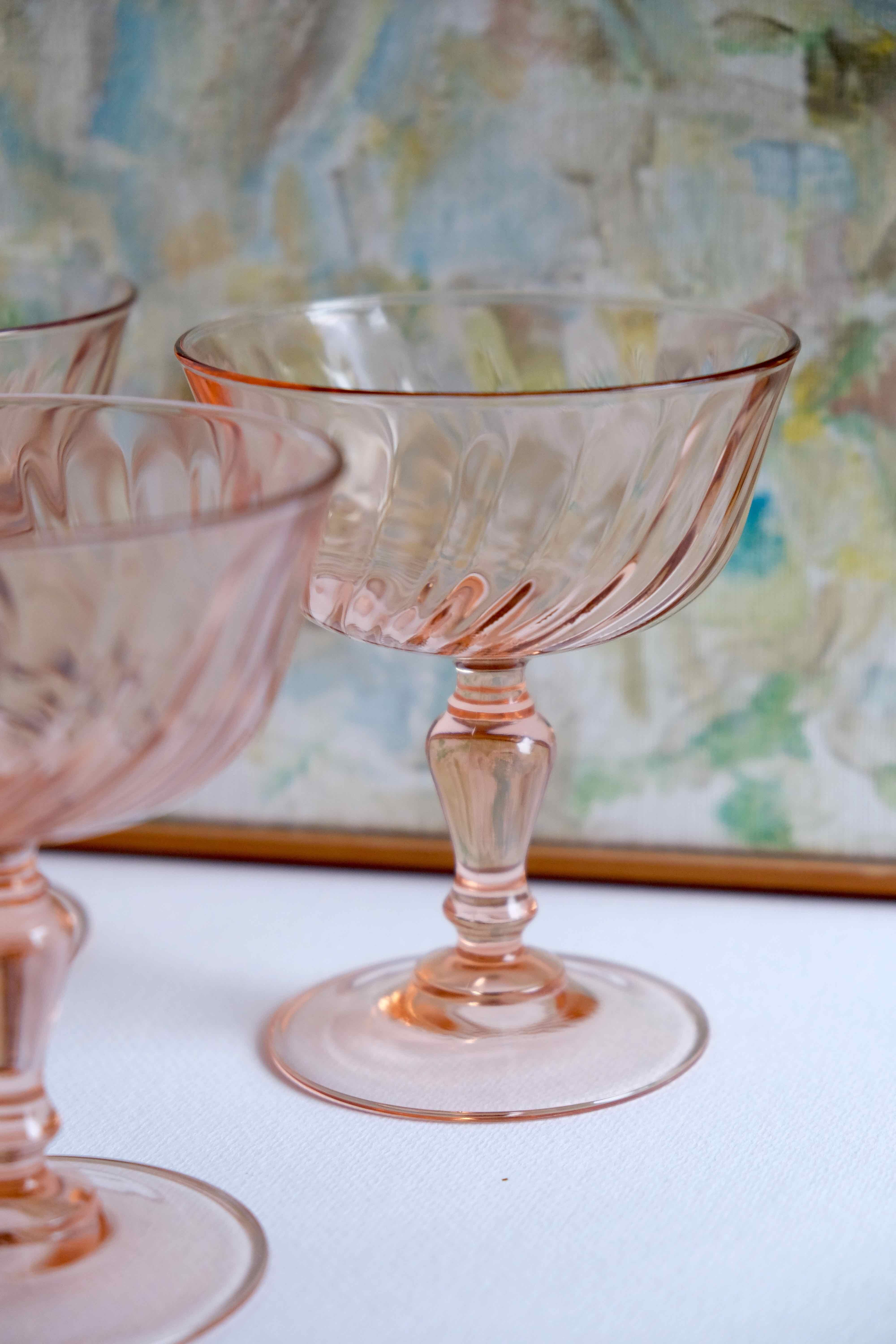 Set of 6 cups champagne rose vintage Rosaline pink swirl glass Arcoroc Luminarc France
