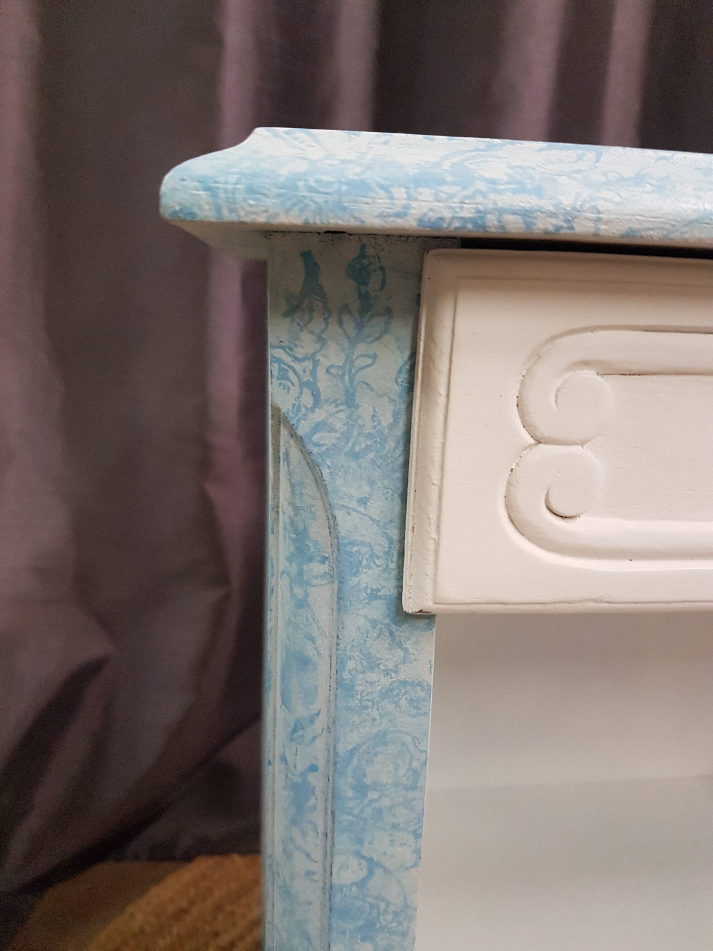 Low bedside table, 1 drawer, white and blue redesigned