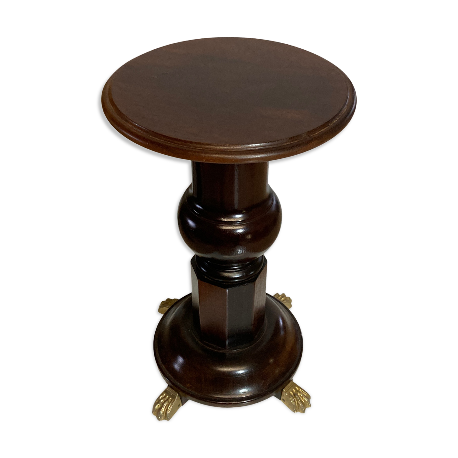 Vintage mahogany pedestal or side table with brass claw feet