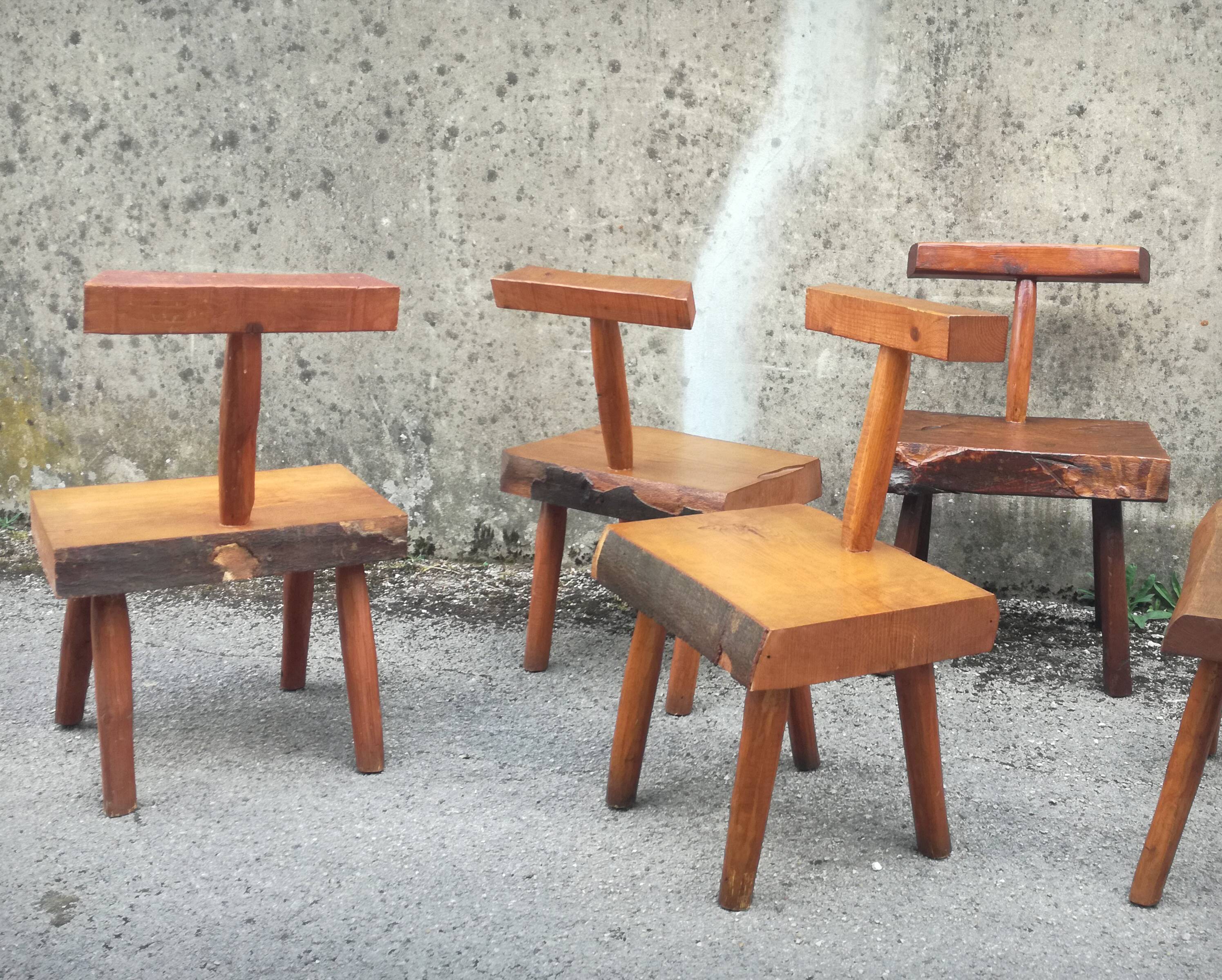 Set of four brutalist chairs and a bench, France, 1960s