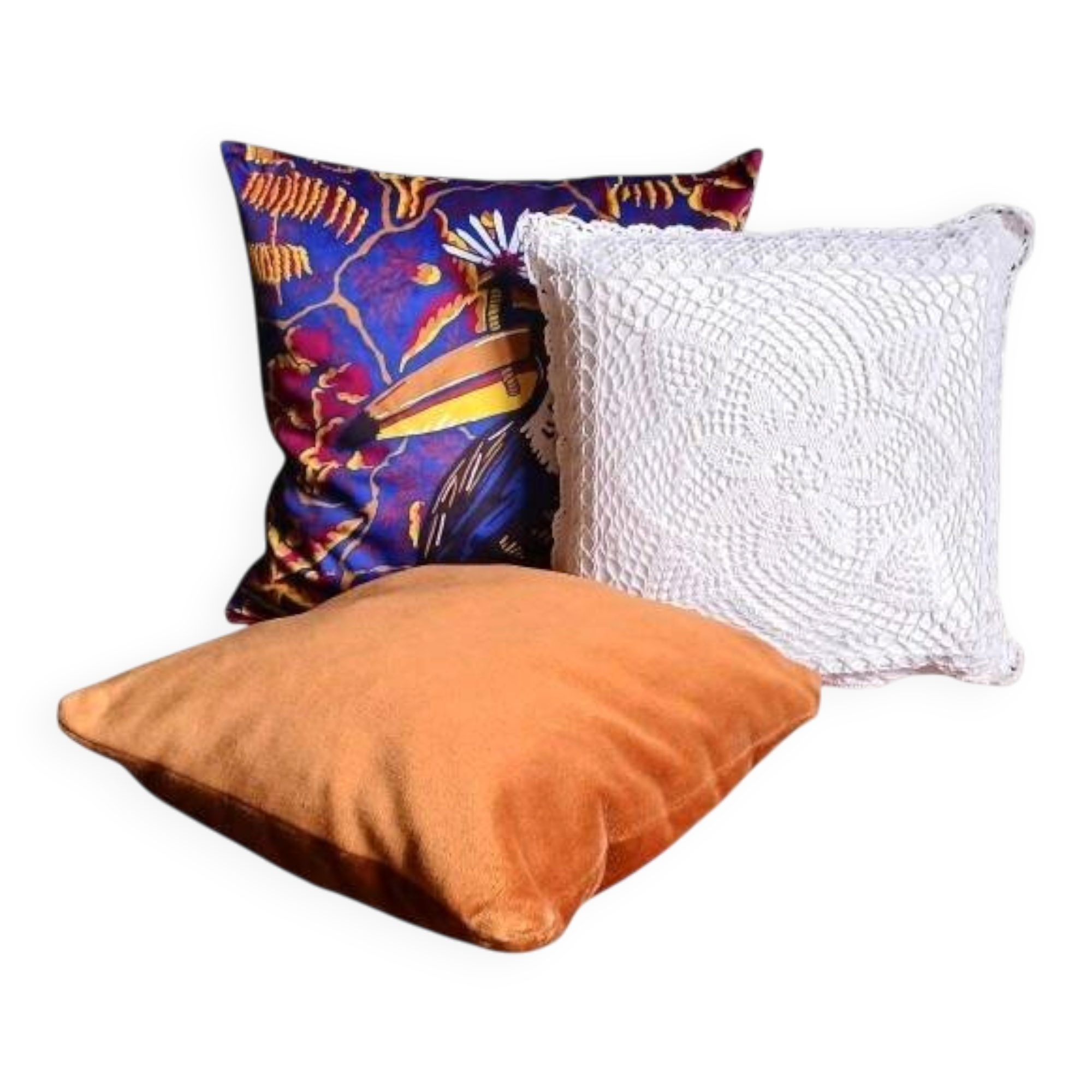 Set of 3 vintage cushions. 2 in velvet & 1 crocheted.