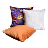 Set of 3 vintage cushions. 2 in velvet & 1 crocheted.