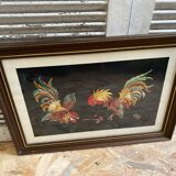 Old tapestry canvas g. perrin roosters signed + wooden frame #b549