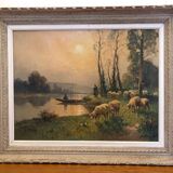 Tableau huile sur toile berger et son troupeau