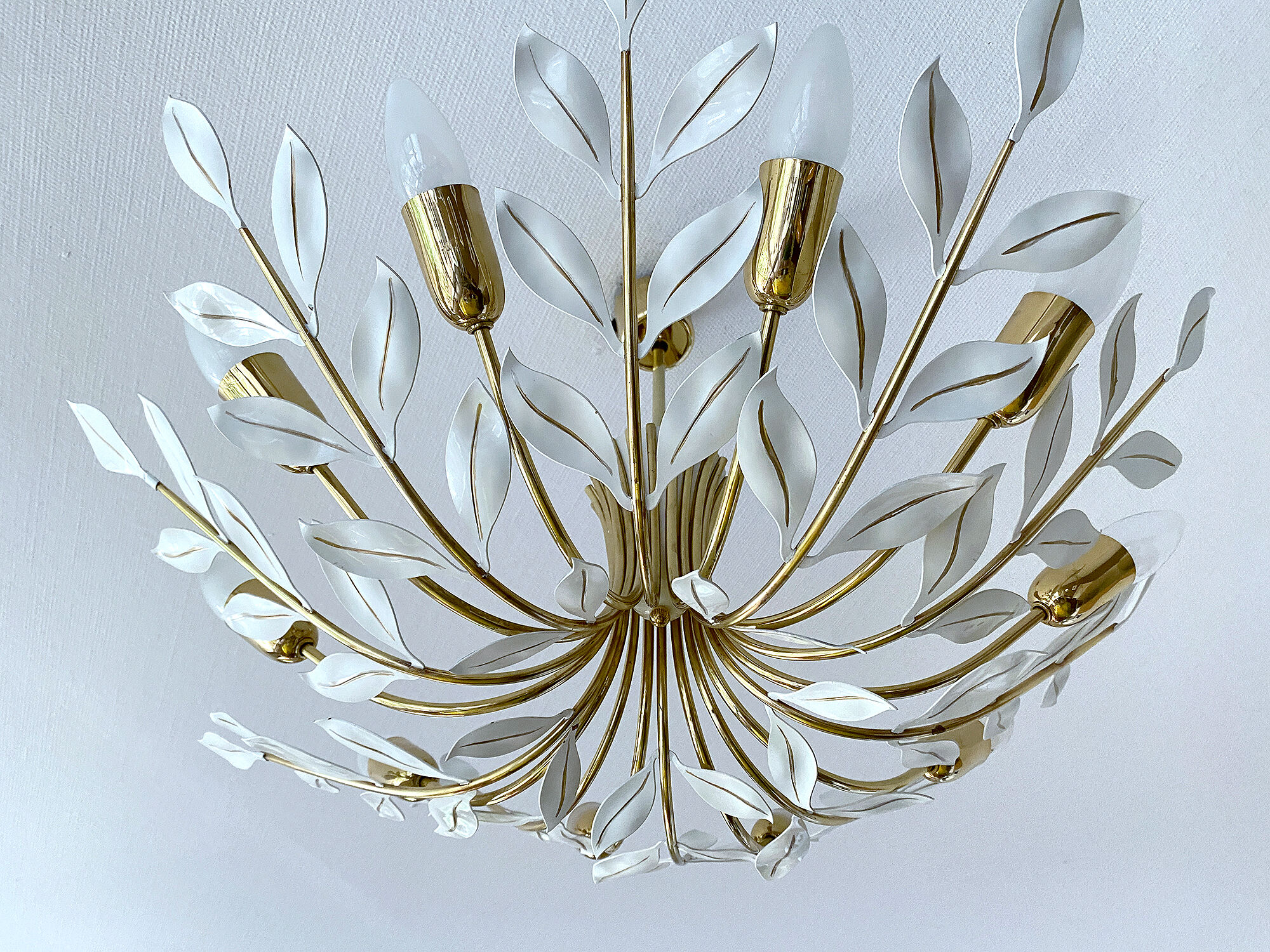 Large Pendant Lamp Vintage Pattern Bouquet Leaves, Brass, White Gold, 50s
