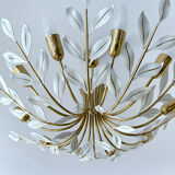 Large Pendant Lamp Vintage Pattern Bouquet Leaves, Brass, White Gold, 50s