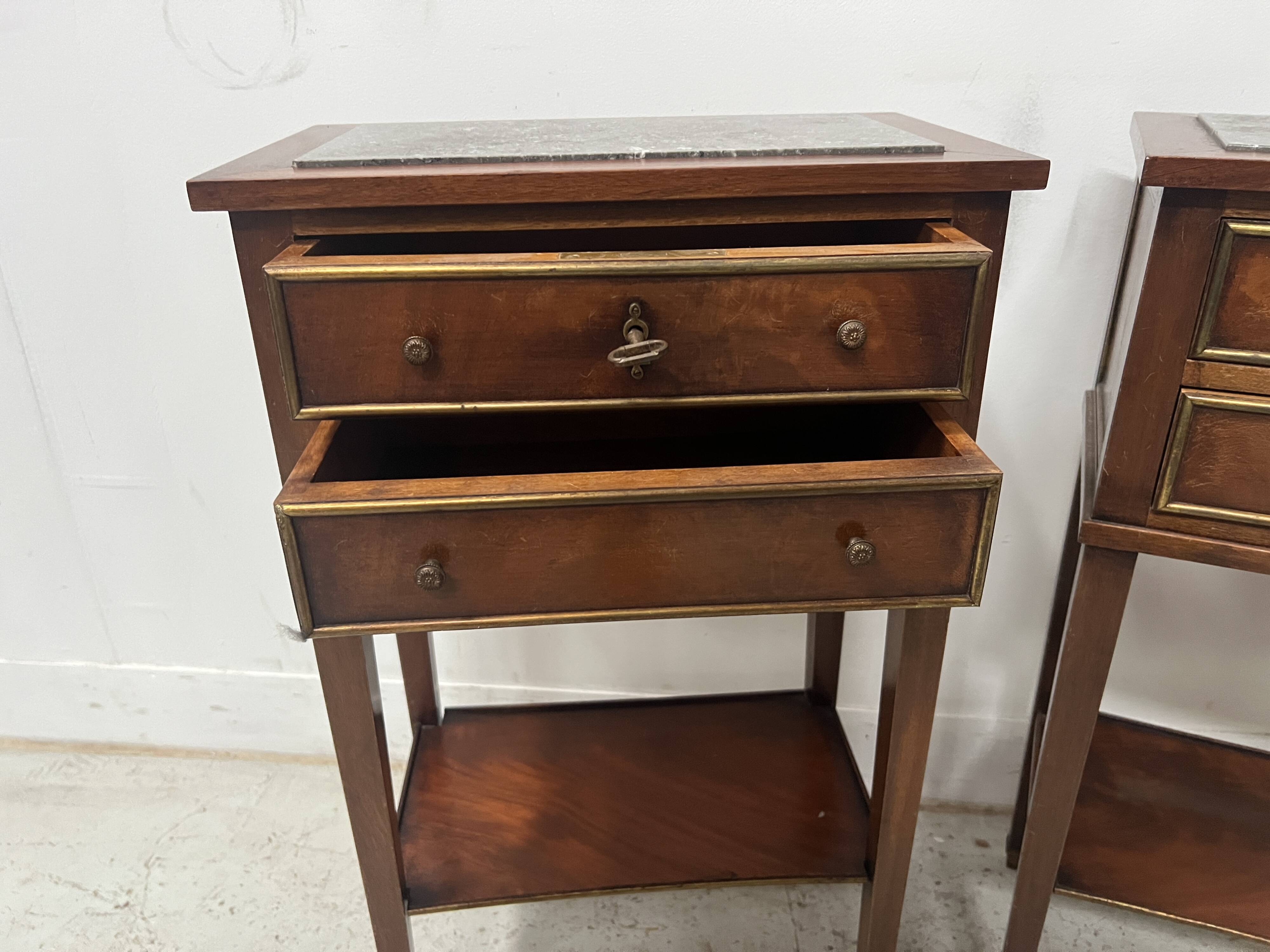 Pair of Louis XVI style bedside tables in mahogany and veneer, 20th century