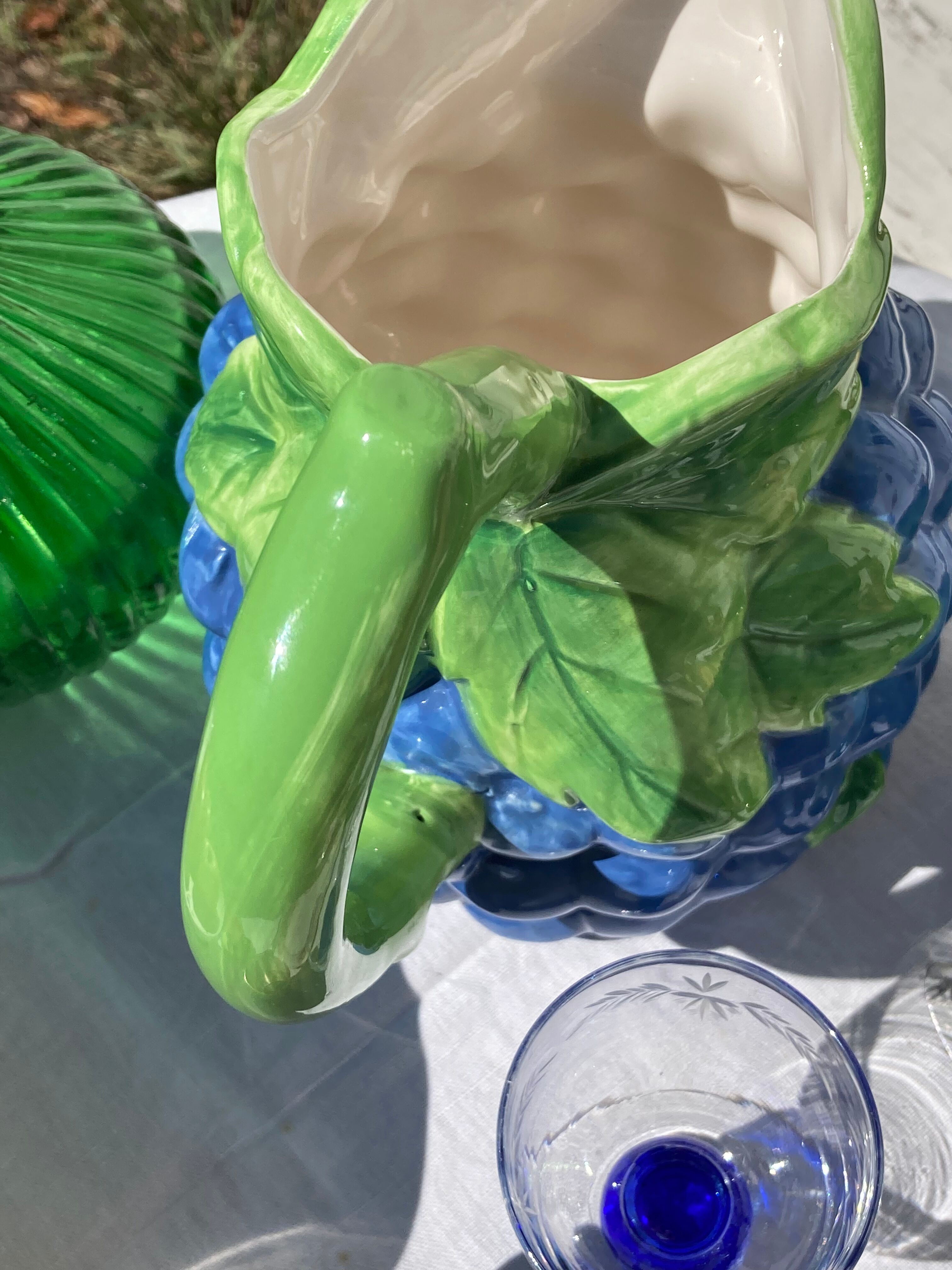 Pitcher in purple and green grape slurry / vintage ceramic decanter
