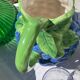 Pitcher in purple and green grape slurry / vintage ceramic decanter