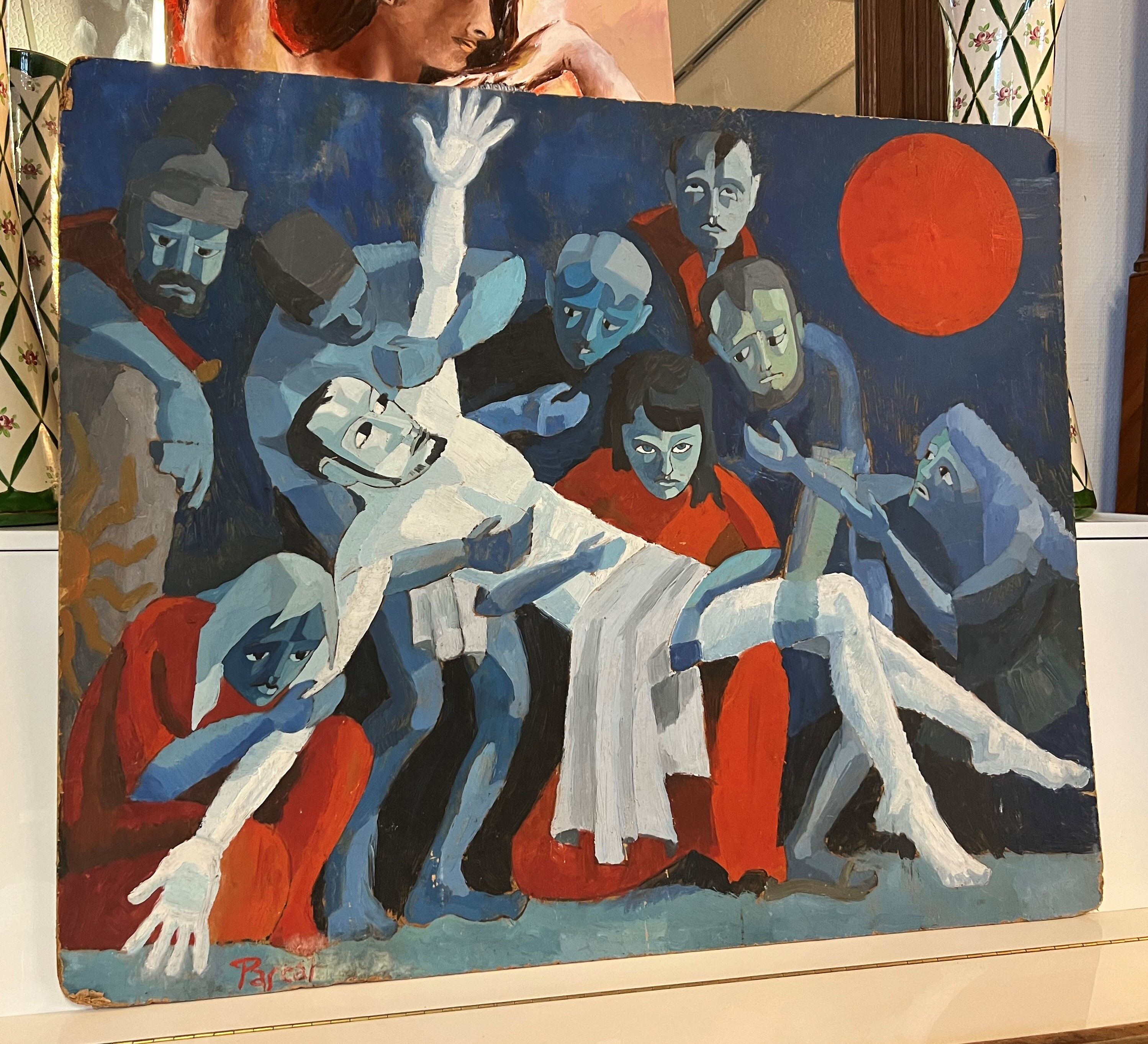 Huile sur panneau: tableau religieux moderniste signé Pascal