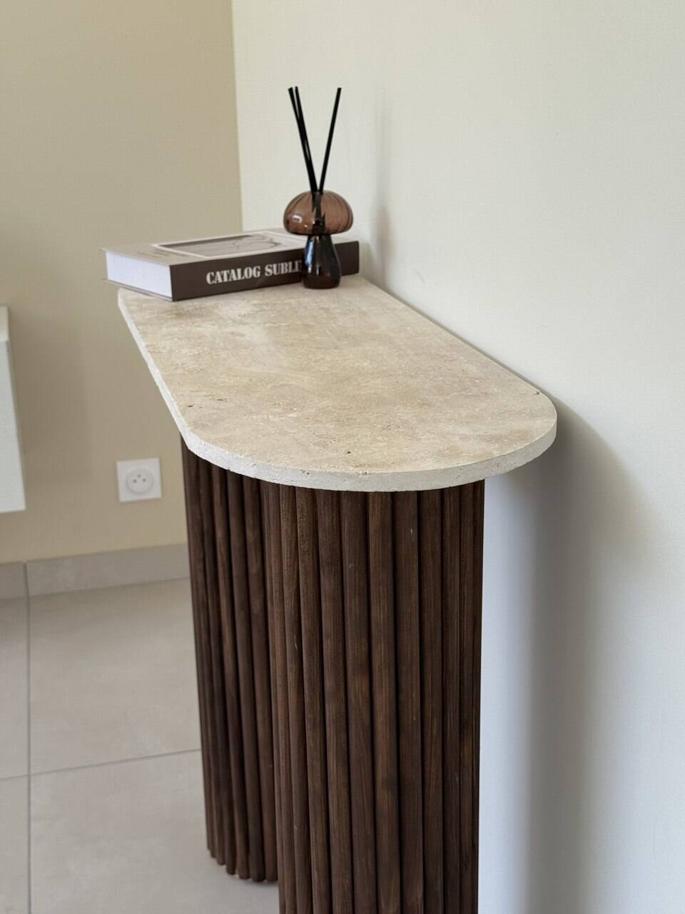 Travertine and wood console | dark oak