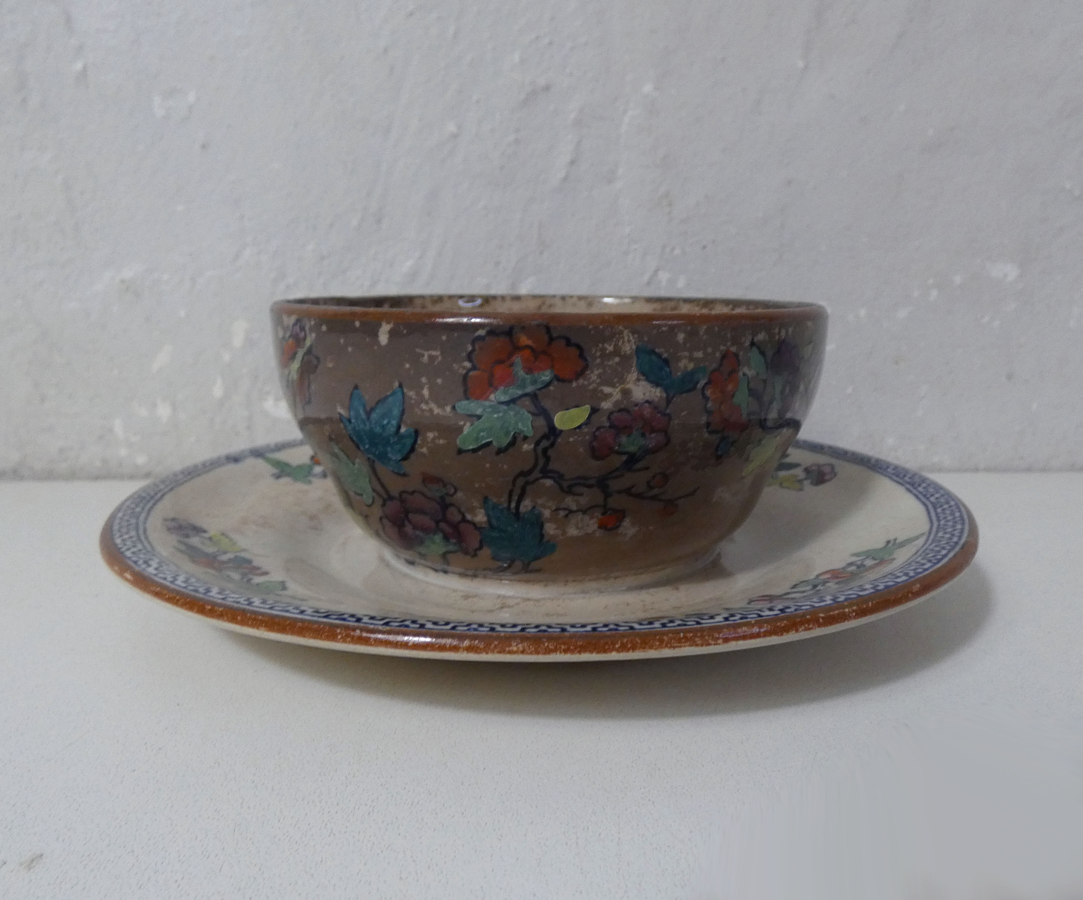 Sarreguemines old bowl with polychrome faience tray model NIPPON