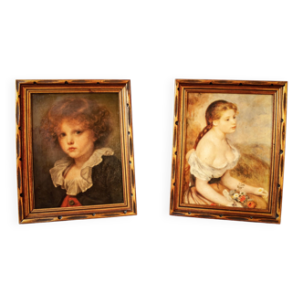 Old paintings. Pair of paintings. Old frames.