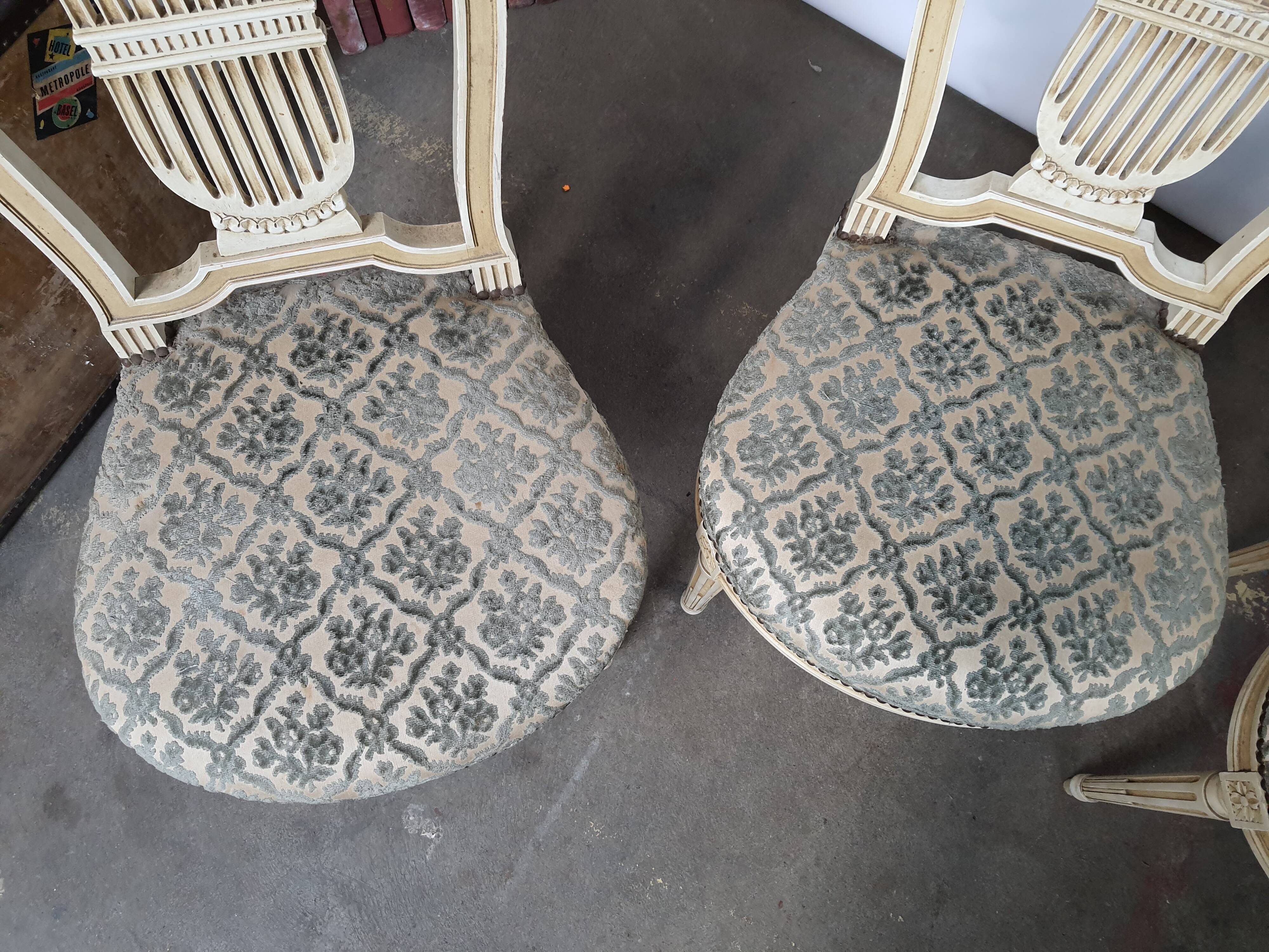 5 chaises en bois laqué blanc style Louis XVI