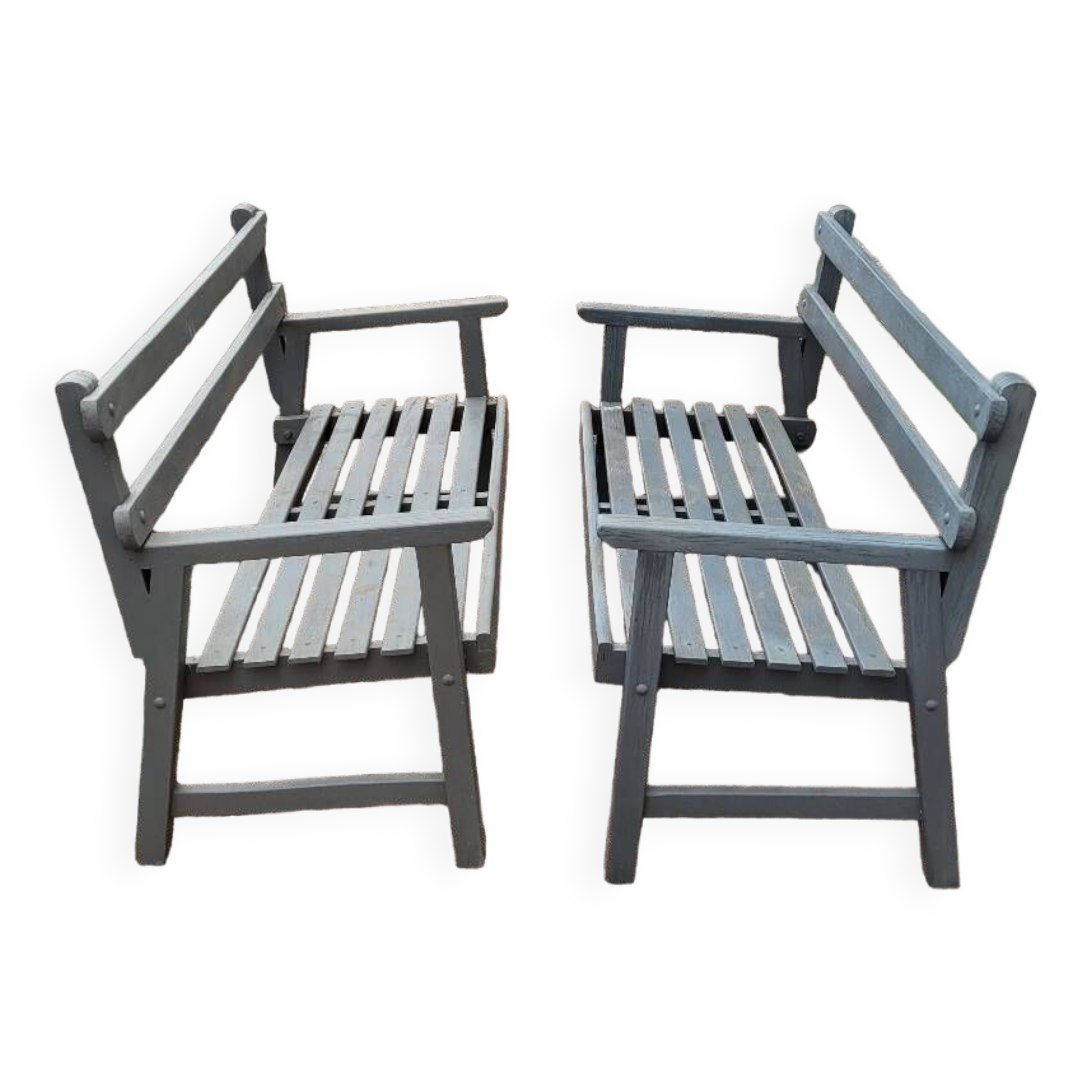 Pair of old wooden park garden benches