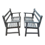 Pair of old wooden park garden benches