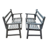 Pair of old wooden park garden benches