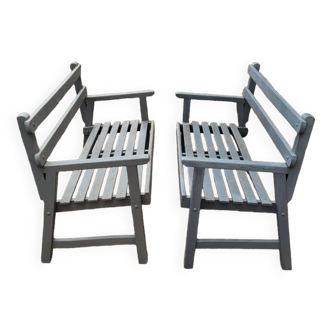 Pair of old wooden park garden benches