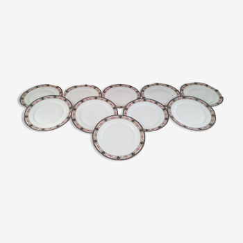 Lot de 10 assiettes plates en porcelaine de Limoges estampille RN frise bleue roses anciennes