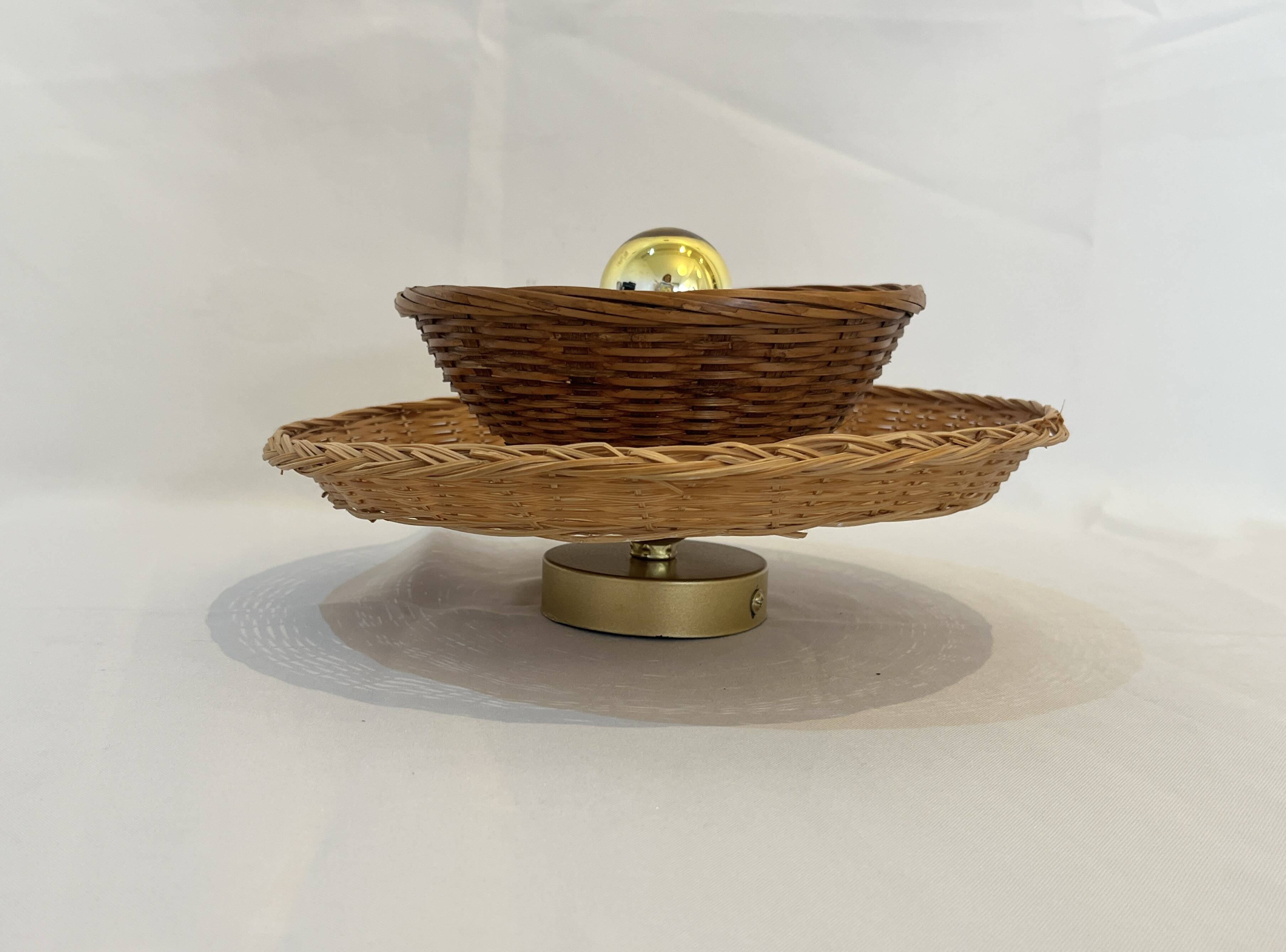 Applique murale en osier deux  panier rotin vintage 27 cm