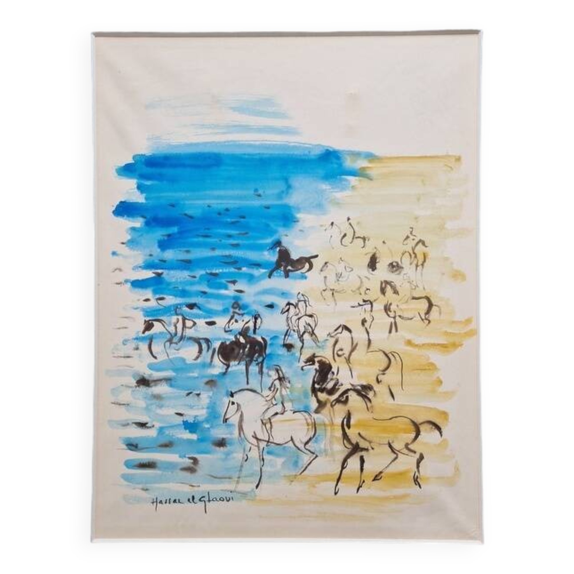 Hassan El Glaoui (1924-2018) - Watercolor on paper "Riders on the beach" - Signed