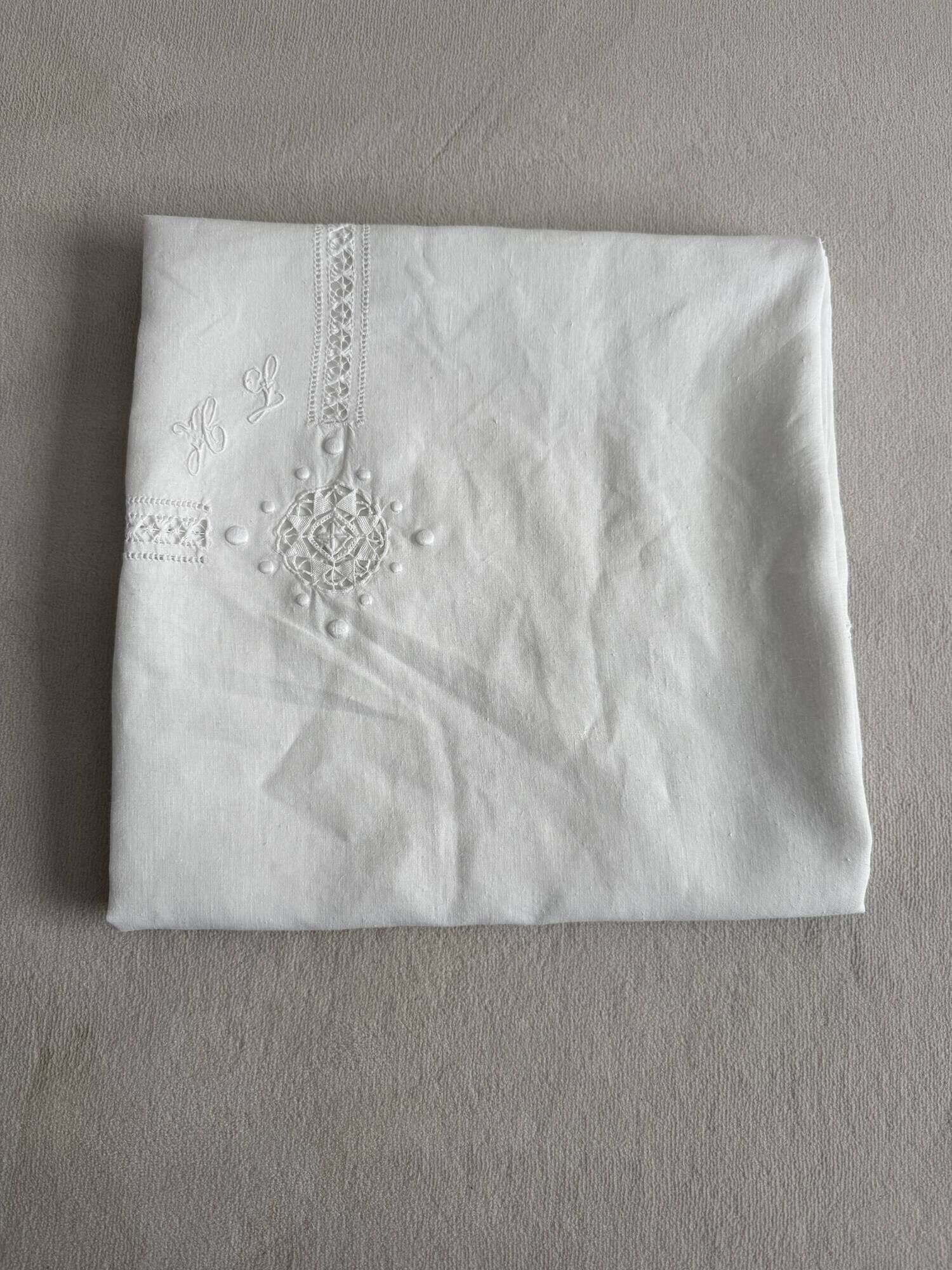 Large antique linen and cotton tablecloth 230x154.
