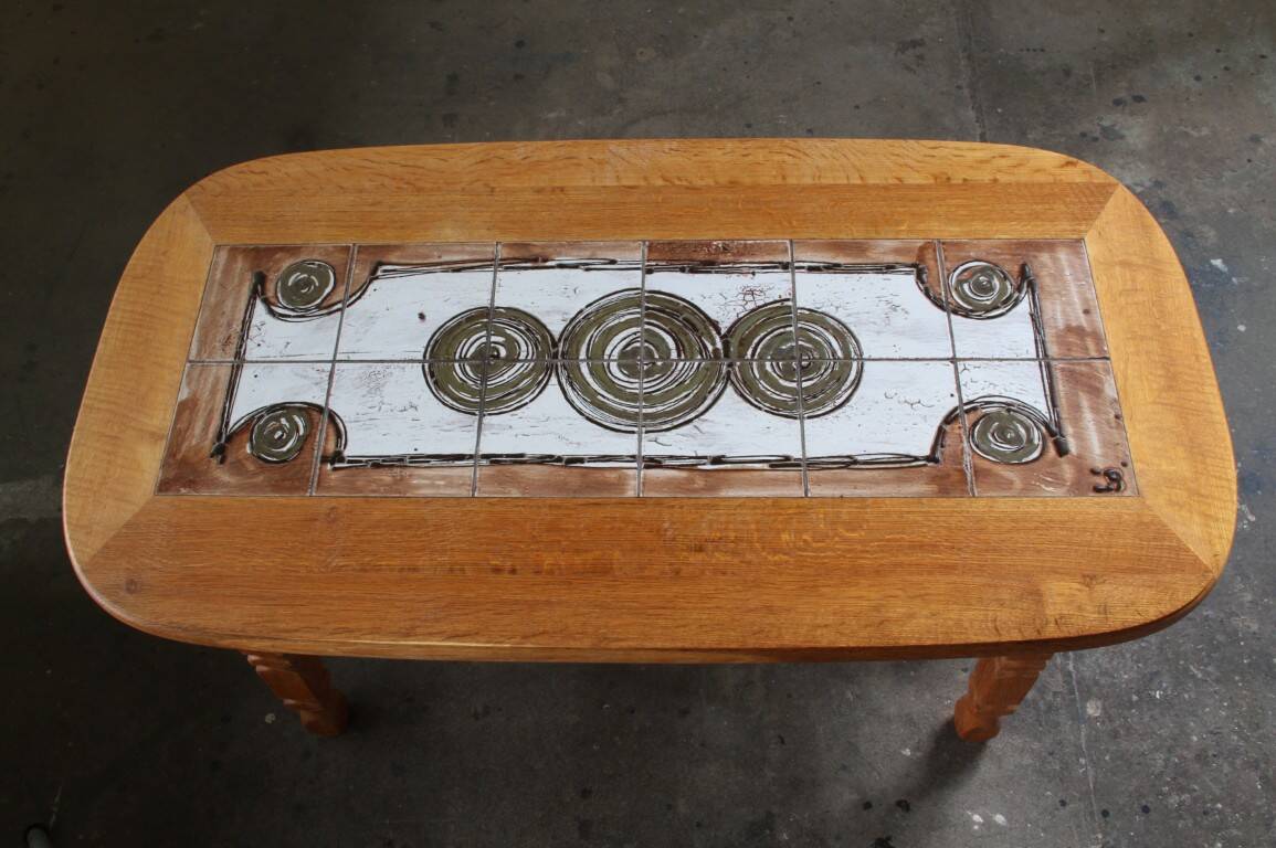 Vintage Danish brutalist oak & tile coffee table in the style of Henning Kjærnulf, 1960s