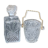 Ice bucket and whiskey decanter made of vintage chiseled transparent glass
