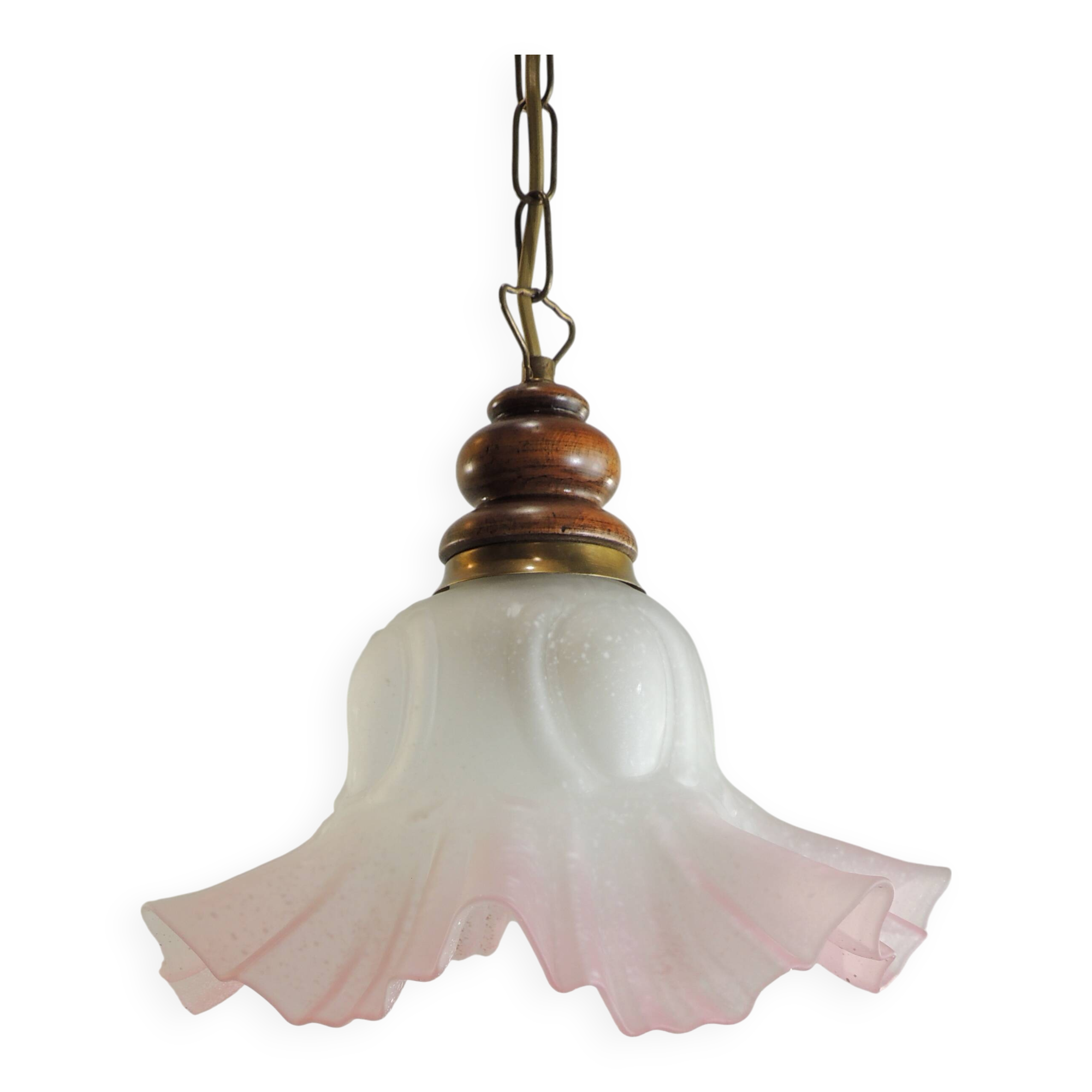 Vintage pink opaline glass pendant light – Art Deco tulip, brass and wood