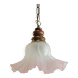 Vintage pink opaline glass pendant light – Art Deco tulip, brass and wood