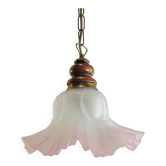 Vintage pink opaline glass pendant light – Art Deco tulip, brass and wood