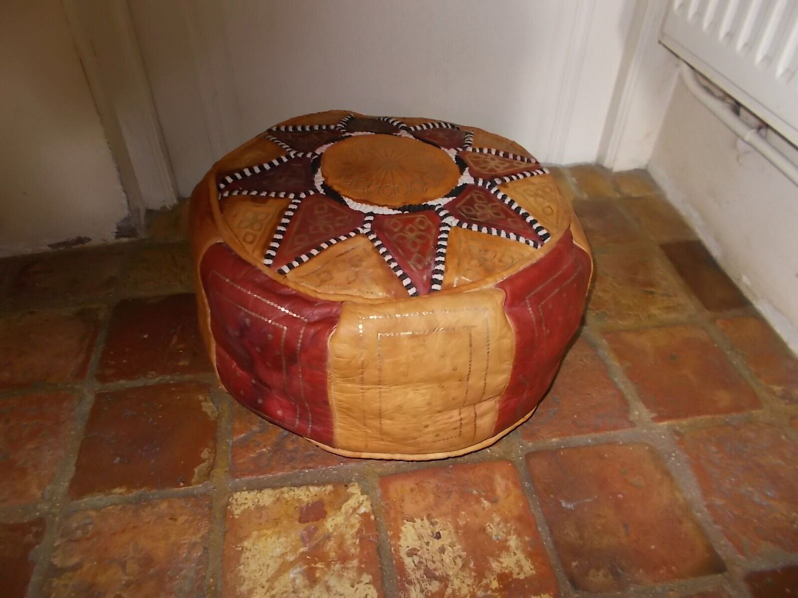 Vintage Moroccan leather pouf