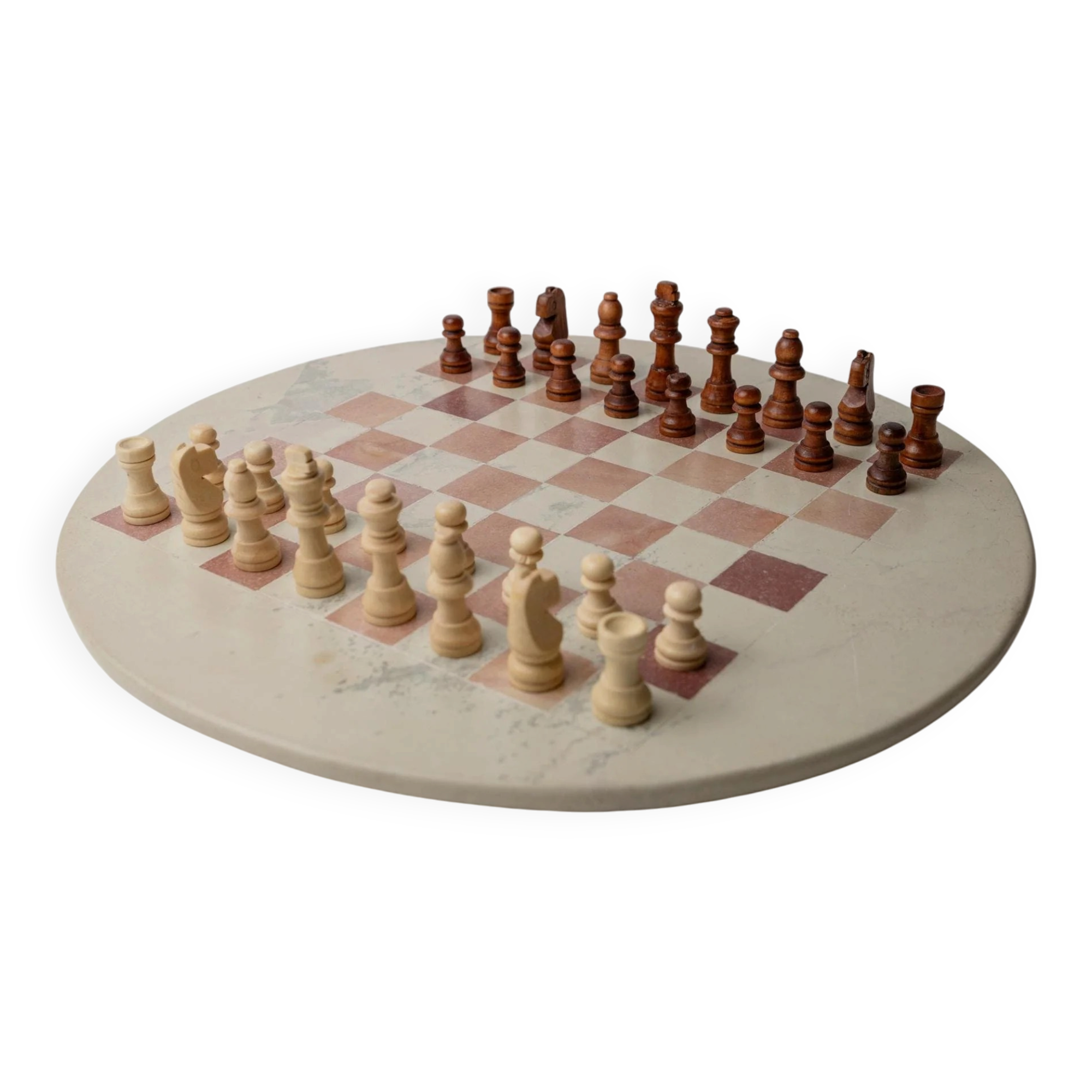 Vintage 1980s round chess set in marble, with a beige and pink marble board and wooden pieces.