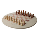 Vintage 1980s round chess set in marble, with a beige and pink marble board and wooden pieces.