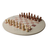 Jeu d’échecs rond vintage des années 1980 en marbre, plateau en marbre beige et rose avec pièces en bois