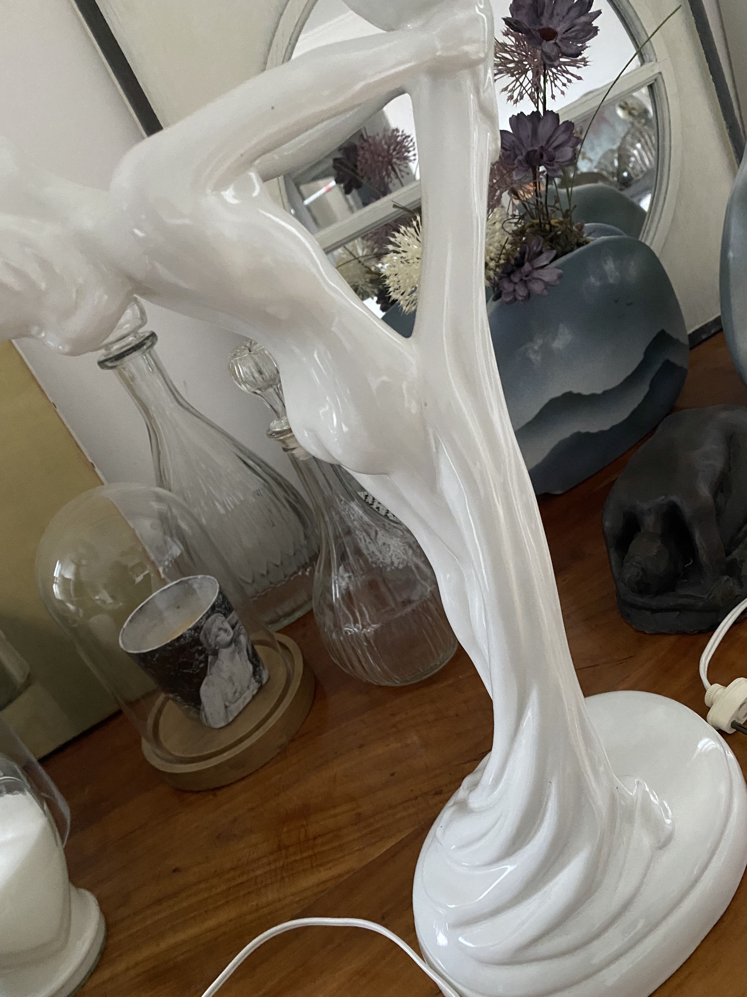 White ceramic lamp and opaline globe woman art deco art nouveau