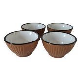 4 small vintage stoneware bowls in brown with a black rim