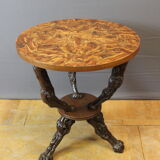 Pedestal table and its brutalist stools in vine stock around 1950