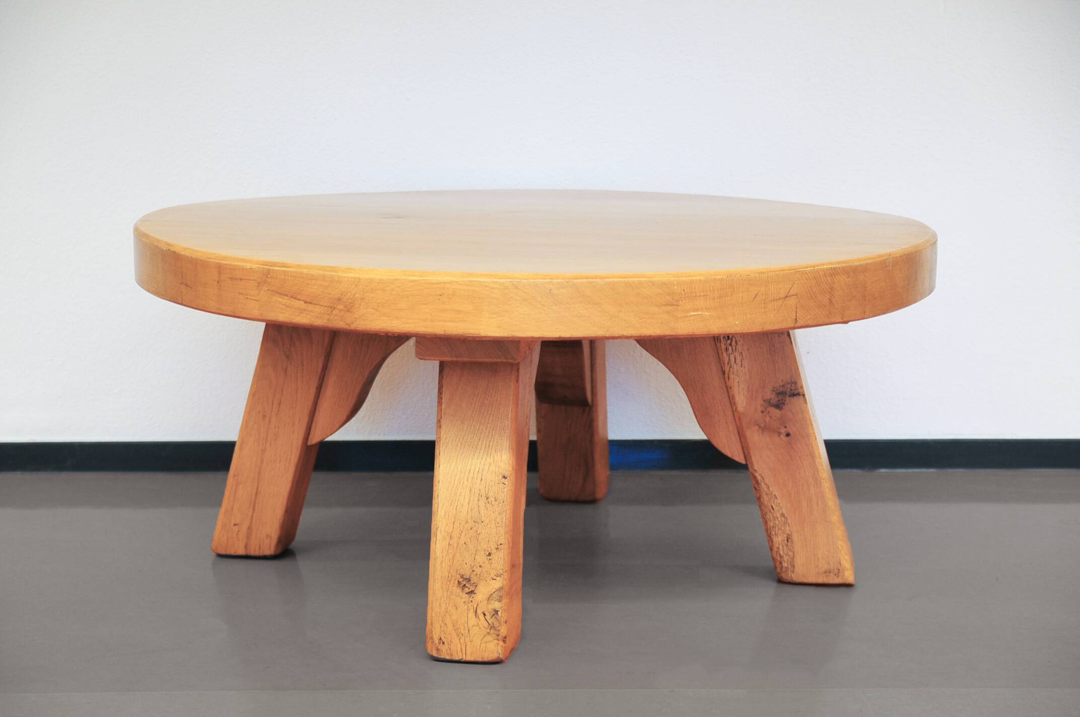 round vintage light oak brutalist coffee table