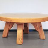 round vintage light oak brutalist coffee table