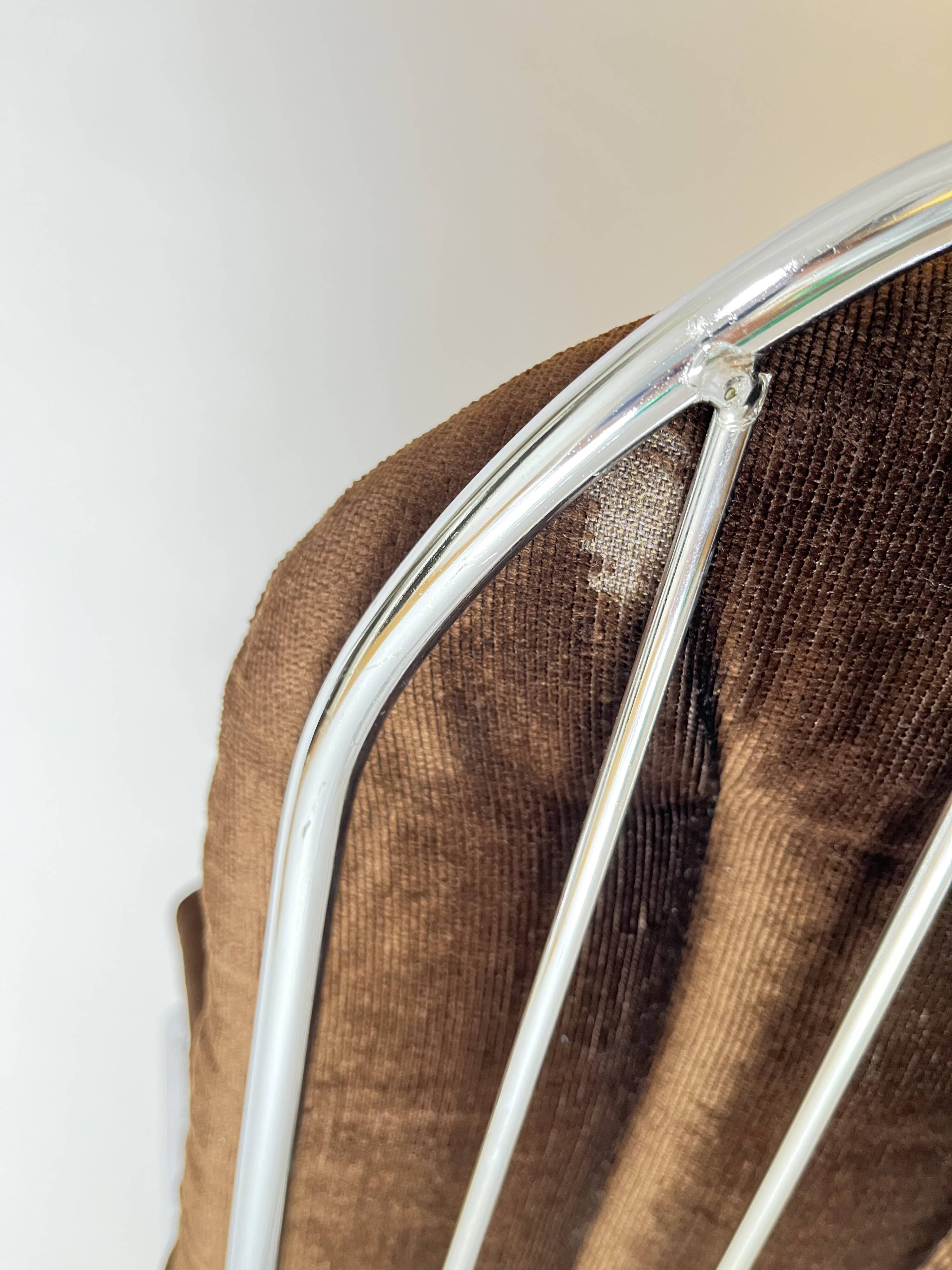 Vintage Metal Dining Chairs Brown Velvet Cushions, Italy, 1970s, Set of 3