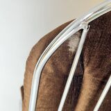 Vintage Metal Dining Chairs Brown Velvet Cushions, Italy, 1970s, Set of 3