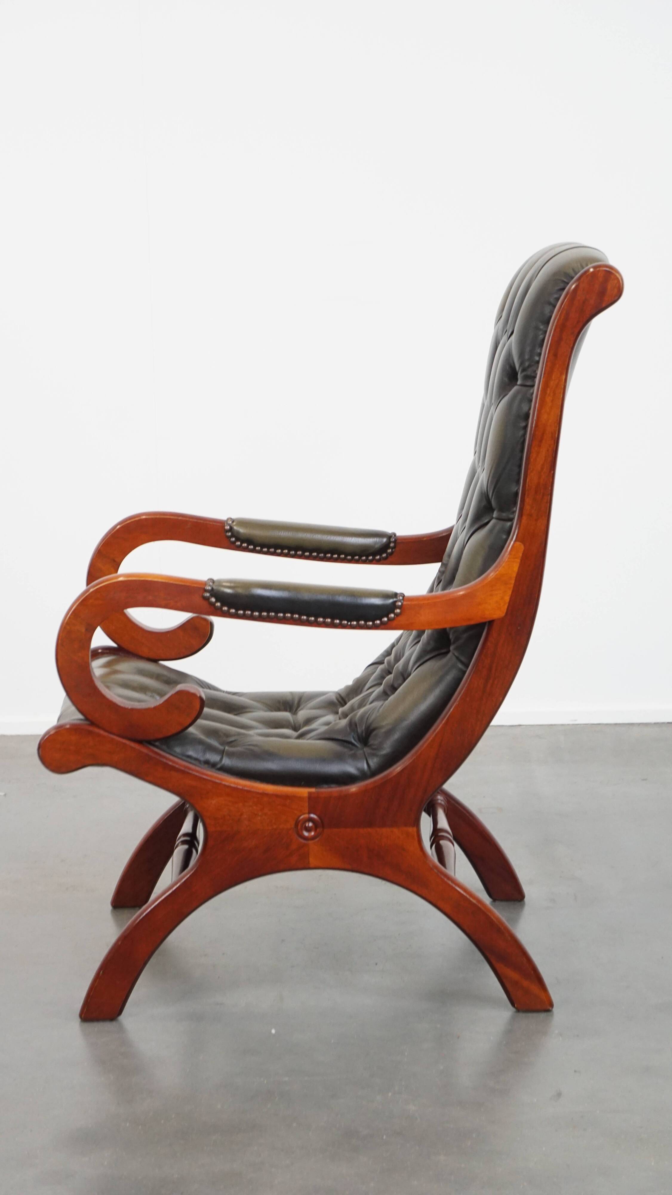 Green English-Style Cowhide Leather Chesterfield Armchair with Wood