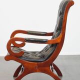 Green English-Style Cowhide Leather Chesterfield Armchair with Wood